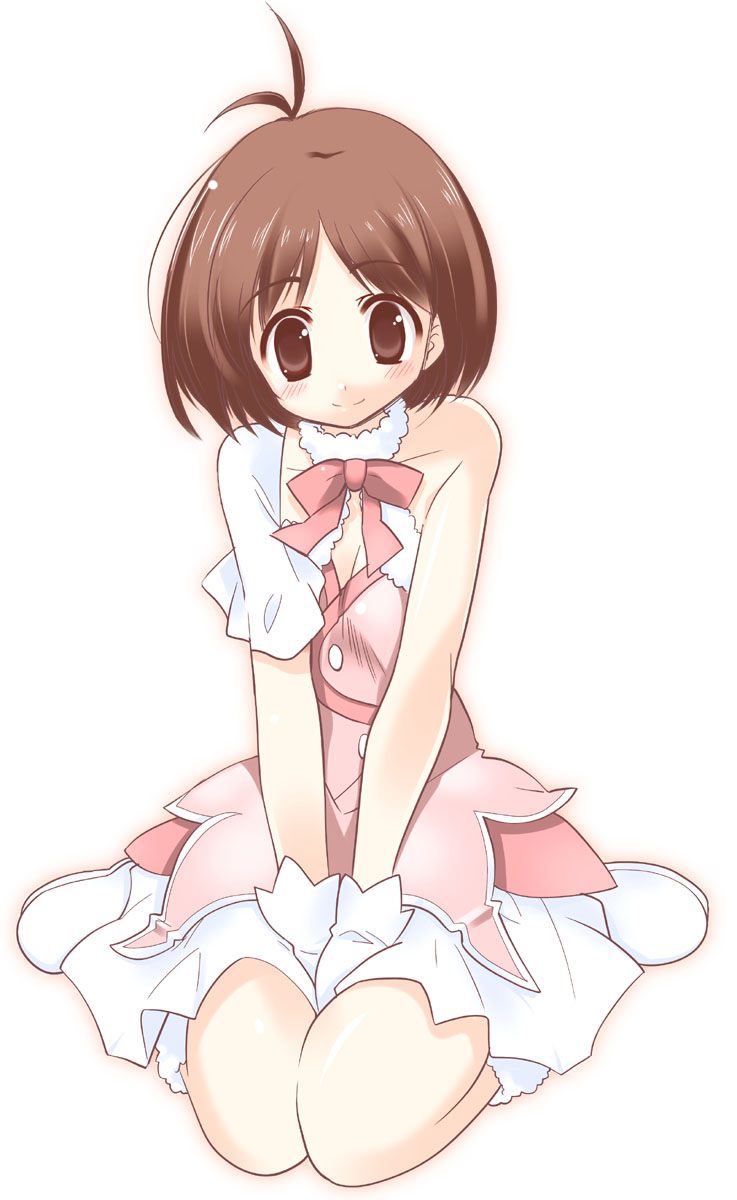 arata toshihira, hidaka ai, idolmaster, idolmaster dearly stars, highres, 00s, 1girl, blush, brown eyes, brown hair, cute & girly (idolmaster), dress, female focus, gradient background, kneeling, short hair, smile, solo, white background