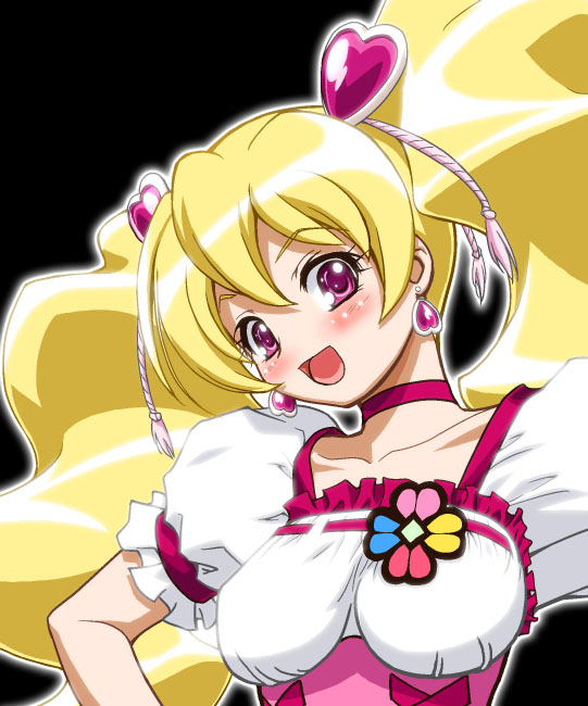 gambler club, kohsaka jun, cure peach, momozono love, fresh precure!, precure, 00s, 1girl, :d, blonde hair, blush, choker, earrings, eyelashes, female focus, hair ornament, heart, heart hair ornament, jewelry, long hair, magical girl, open mouth, pink eyes, smile, solo, twintails