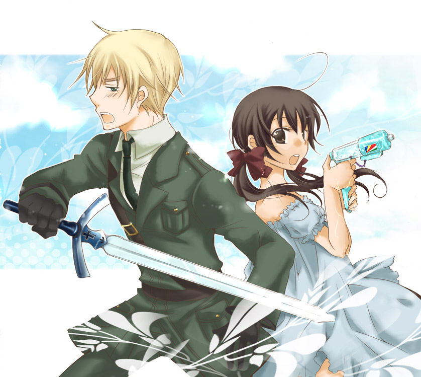 asuka rina, hanapu, seychelles (hetalia), united kingdom (hetalia), axis powers hetalia, bad id, bad pixiv id, 00s, blonde hair, brown hair, dress, hair ribbon, interracial, military, military uniform, necktie, ribbon, sundress, sword, tan, twintails, water gun, weapon