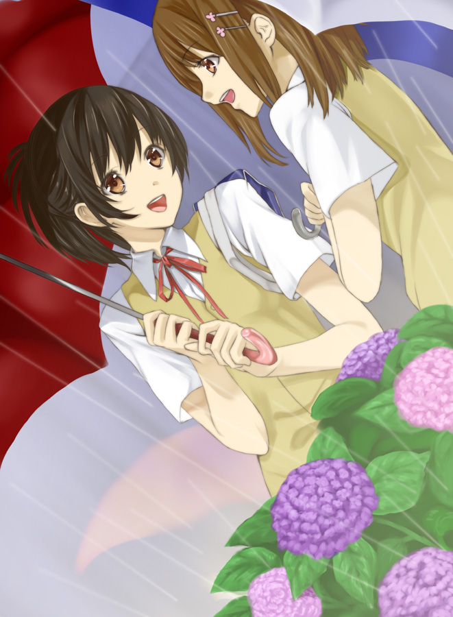 unowen, original, bad id, bad pixiv id, 2girls, brown eyes, brown hair, flower, hair ornament, hairclip, hydrangea, multiple girls, rain, school uniform, short hair, umbrella, vest