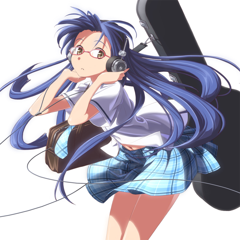 baakurou, kisaragi chihaya, grado labs, idolmaster, idolmaster (classic), 00s, 1girl, :<, bag, blue hair, brown eyes, cable, female focus, glasses, guitar case, headphones, instrument, instrument case, long hair, navel, plaid clothes, plaid skirt, red-framed eyewear, rough time school, school uniform, skirt, solo, wind, wind lift