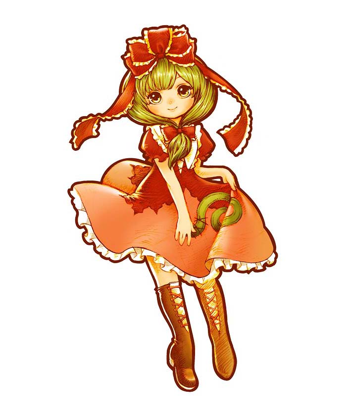 souri, kagiyama hina, touhou, bad id, bad pixiv id, 1girl, boots, child, female focus, front ponytail, full body, green eyes, green hair, hair ribbon, matching hair/eyes, ribbon, short hair, simple background, solo