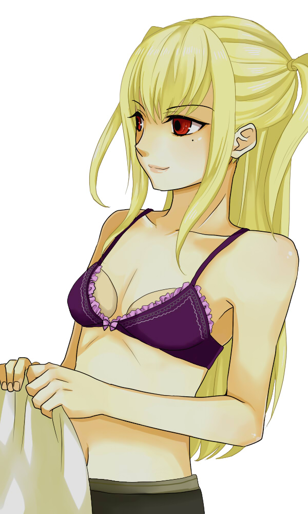 tomochi, shidou mariya, maria holic, bad id, bad pixiv id, 00s, 1boy, blonde hair, bra, breast padding, crossdressing, crossdressing (mtf), lingerie, lips, lipstick, long hair, makeup, male focus, mole, mole under eye, pantyhose, red eyes, simple background, smile, solo, trap, twintails, two side up, underwear, white background