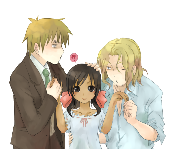 chan mage, france (hetalia), seychelles (hetalia), united kingdom (hetalia), axis powers hetalia, bad id, bad pixiv id, 00s, 1girl, 2boys, ?, black eyes, black hair, blonde hair, brown eyes, brown hair, collarbone, dark-skinned female, dark skin, dress, hair ribbon, hand grab, hand on another's head, hand on own hip, holding hands, interracial, jacket, looking at viewer, multiple boys, necktie, one eye closed, ribbon, shirt, short hair, smile, twintails, wink
