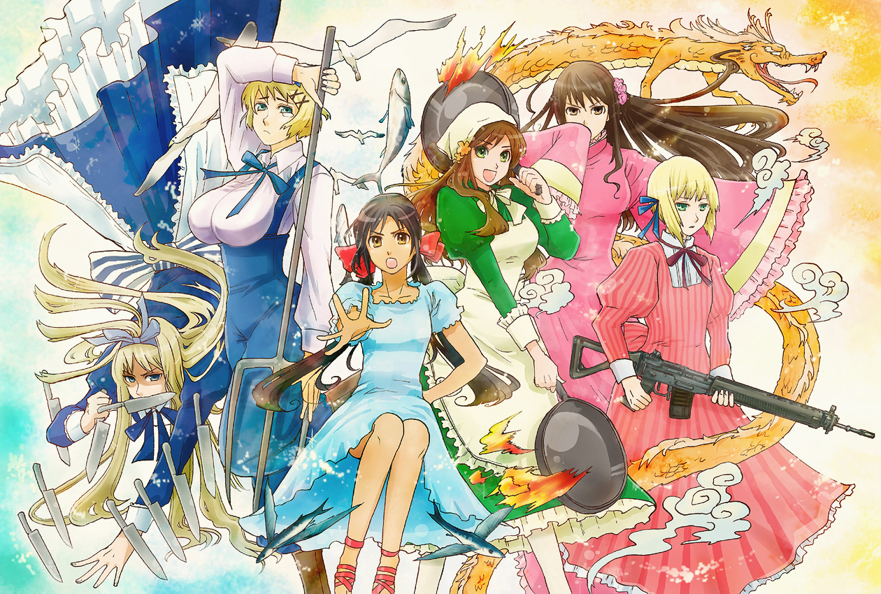 mm-mb, belarus (hetalia), hungary (hetalia), liechtenstein (hetalia), seychelles (hetalia), taiwan (hetalia), ukraine (hetalia), axis powers hetalia, striped, 00s, 6+girls, apron, bird, blonde hair, breasts, changpao, chinese clothes, cloud, dark-skinned female, dark skin, dragon, dress, fish, flower, frills, frying pan, gun, hair flower, hair ornament, hair ribbon, headscarf, knife, large breasts, lingerie, long hair, long sleeves, machine gun, multiple girls, overalls, petticoat, ribbon, short hair, tears, twintails, underwear, weapon
