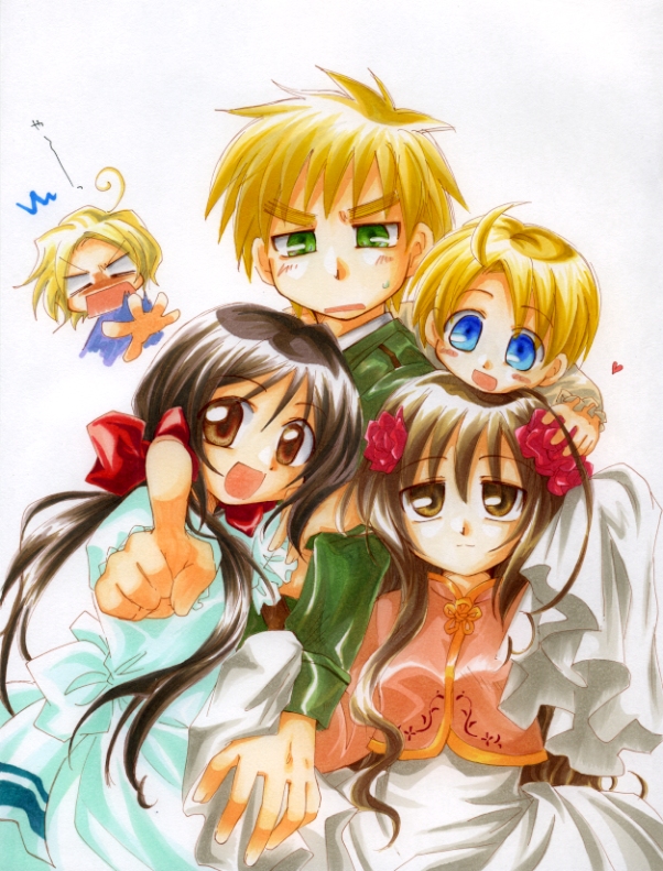 syuusui, america (hetalia), france (hetalia), seychelles (hetalia), taiwan (hetalia), united kingdom (hetalia), axis powers hetalia, 00s, 2girls, 3boys, aged down, ahoge, angry, black hair, blonde hair, blue eyes, brown eyes, brown hair, changpao, child, chinese clothes, flower, green eyes, hair flower, hair ornament, hair ribbon, long hair, multiple boys, multiple girls, ribbon, rose, sweatdrop, twintails
