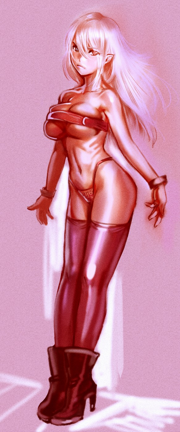 bow (bhp), original, highres, 1girl, belt, boots, breast press, breasts, female focus, heterochromia, large breasts, legs, long hair, monochrome, panties, pink theme, pointy ears, red theme, ribs, solo, thighhighs, underwear