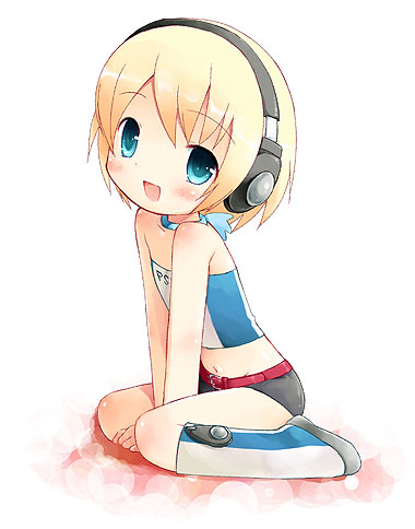 arima (yukagen), pinky street, bad id, bad pixiv id, lowres, 00s, 1girl, aged down, bare shoulders, blonde hair, blue eyes, blush, boots, child, female focus, flat chest, headphones, kneeling, open mouth, short hair, short shorts, shorts, sitting, solo, strapless, tube top, white background
