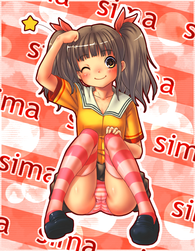 rokko, bad id, bad pixiv id, copyright request, 1girl, blush, brown eyes, brown hair, cameltoe, female focus, loli, long hair, one eye closed, panties, pantyshot, school uniform, sitting, skirt, smile, solo, striped clothes, striped panties, striped thighhighs, thighhighs, twintails, underwear, wink