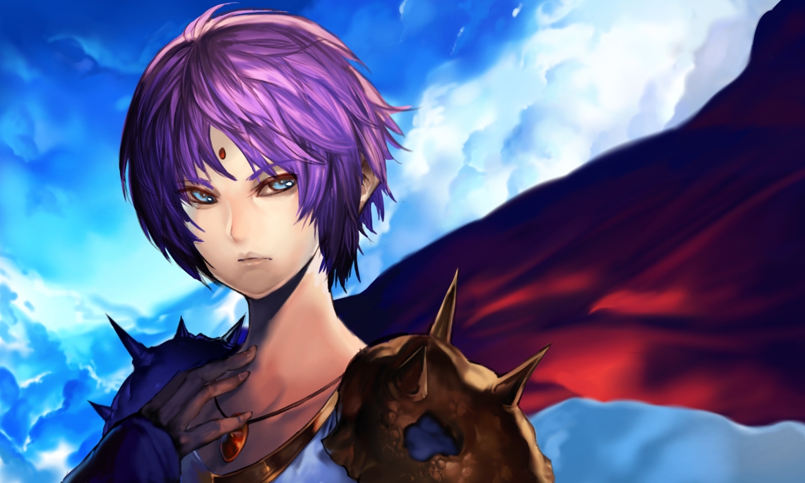 eel (artist), bad id, bad pixiv id, gender request, androgynous, blue eyes, cape, day, facial mark, forehead mark, jewelry, pendant, purple hair, short hair, shoulder pads, sky, solo
