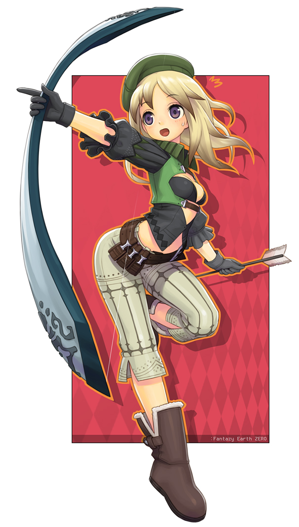 iyokawa, fantasy earth zero, 1girl, arrow (projectile), blonde hair, blush, boots, bow (weapon), breasts, brown hair, cleavage, female focus, gloves, hat, long hair, medium breasts, midriff, navel, solo, sweatdrop, weapon