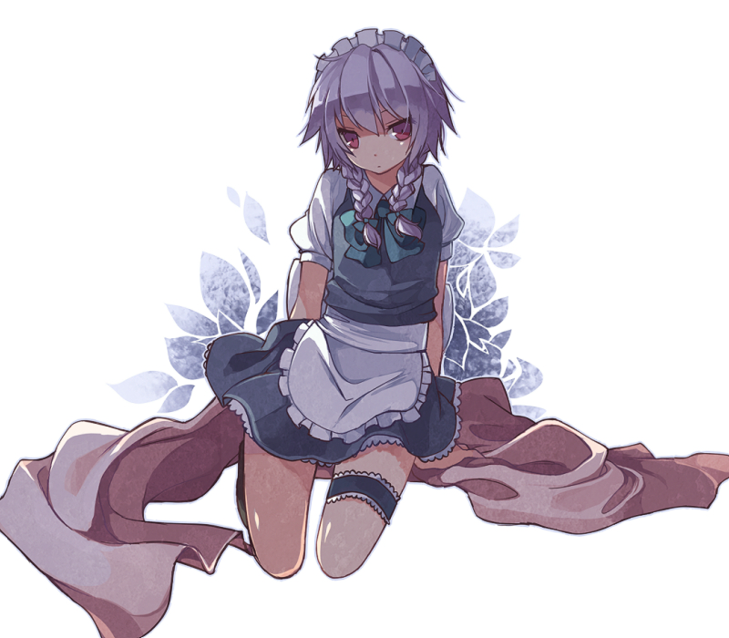 hijiri (resetter), hiz (pixiv), izayoi sakuya, touhou, silver hair, bad id, bad pixiv id, 1girl, braid, expressionless, female focus, frilled thigh strap, kneeling, legband, legs, maid, maid headdress, muted color, purple hair, red eyes, solo, thigh strap, twin braids