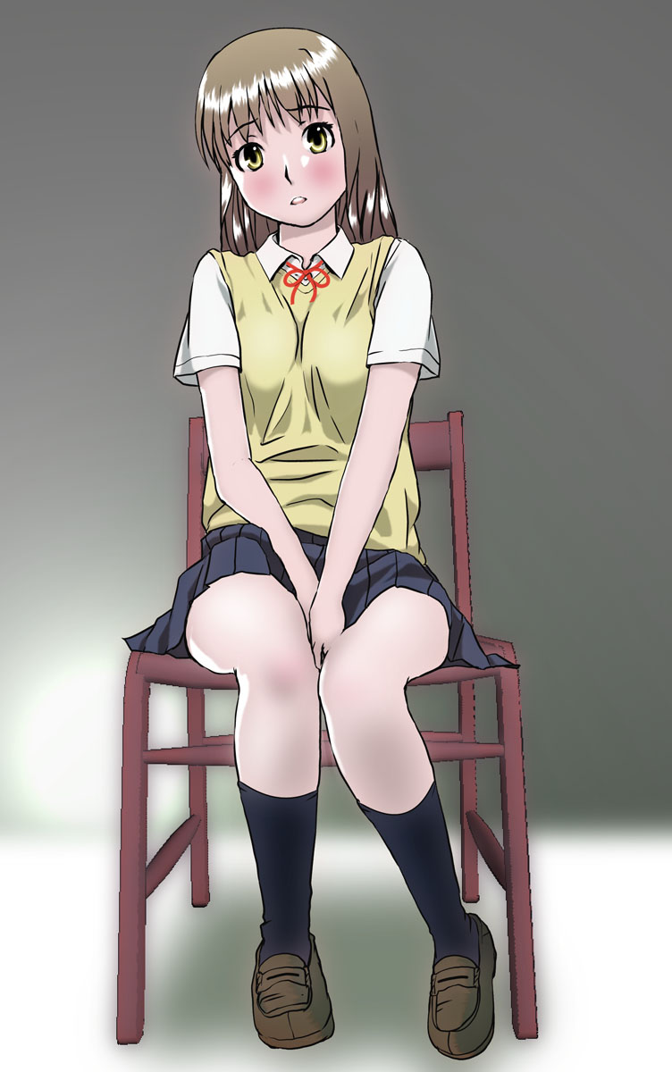 nemiosu, bad id, bad pixiv id, highres, blush, brown hair, chair, full body, legs, long hair, school uniform, sitting, skirt, socks, sweater, yellow eyes