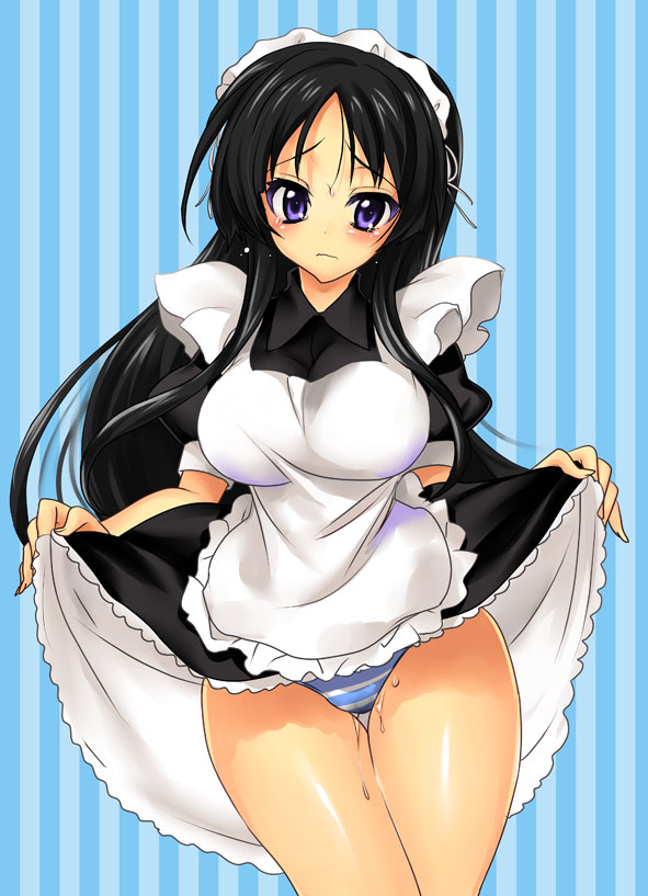 sanshoku amido, akiyama mio, k-on!, 00s, 1girl, alternate costume, black hair, blush, breasts, clothes lift, dress, dress lift, enmaided, female focus, large breasts, long hair, maid, panties, purple eyes, pussy juice, solo, striped clothes, striped panties, tears, underwear, wet, wet clothes, wet panties