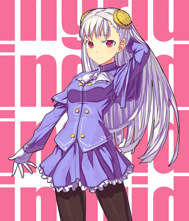 fondolger, ingrid (capcom), capcom, capcom fighting jam, bad id, bad pixiv id, 1girl, adjusting hair, female focus, fondoler, gloves, hairpods, long hair, pantyhose, red eyes, skirt, smile, solo, white hair