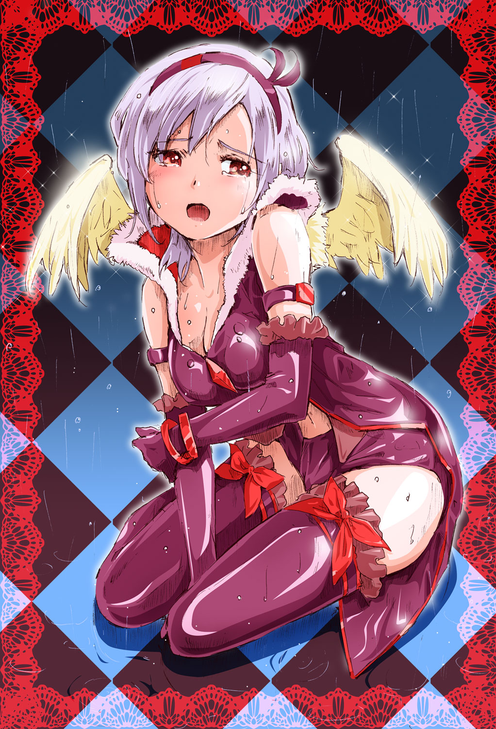 mayo riyo, eas (fresh precure!), higashi setsuna, fresh precure!, precure, bad id, bad pixiv id, highres, 00s, 1girl, angel wings, border, breasts, cleavage, elbow gloves, female focus, full body, gloves, hairband, kneeling, medium breasts, no choker, red eyes, short hair, solo, sweat, tears, thighhighs, wings