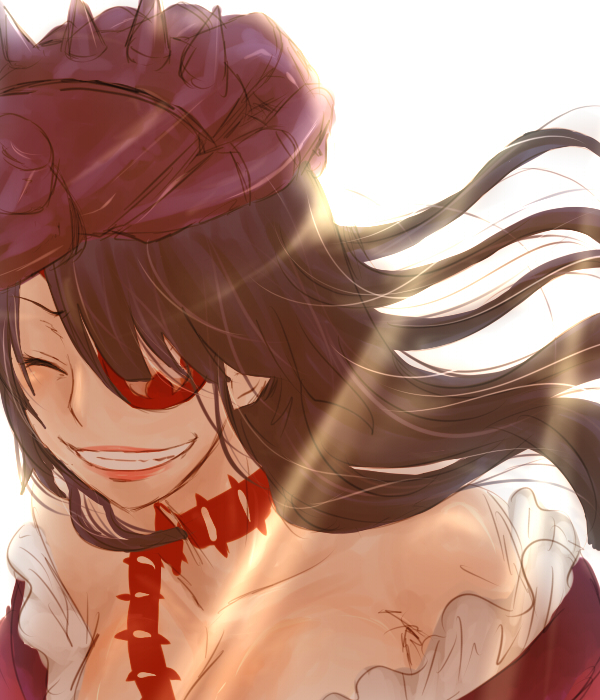 siroringo, adiane, thymilph, tengen toppa gurren lagann, hand on head, bad id, bad pixiv id, 00s, 1girl, blush, breasts, cleavage, eyepatch, gauntlets, happy, headpat, long hair, smile, solo focus, tattoo