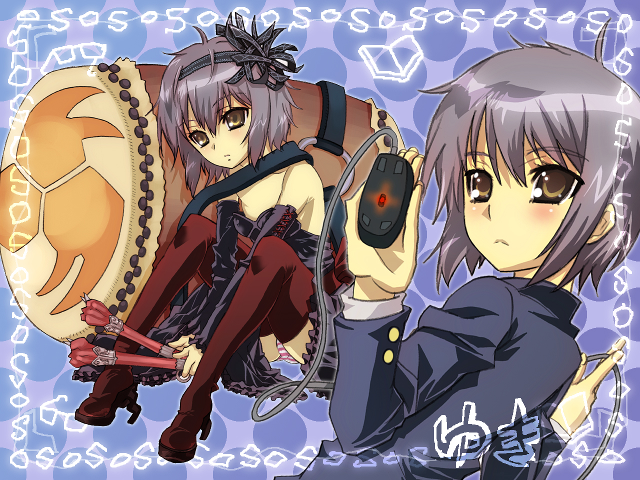 nagy, nagato yuki, k-on!, kamen rider, kamen rider hibiki (series), suzumiya haruhi no yuuutsu, blush, boots, brown eyes, computer mouse, elbow gloves, gloves, panties, pantyshot, parody, school uniform, short hair, solo, striped clothes, striped panties, thigh boots, thighhighs, underwear