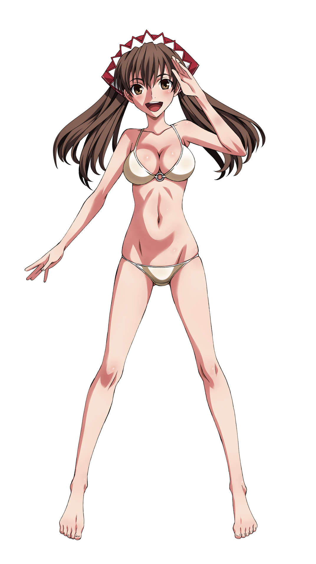 kekke, alicia melchiott, senjou no valkyria, senjou no valkyria (series), senjou no valkyria 1, highres, 00s, 1girl, barefoot, bikini, blush, breasts, brown eyes, brown hair, cleavage, feet, female focus, knees, large breasts, legs, long hair, long legs, salute, solo, swimsuit, thighs, twintails