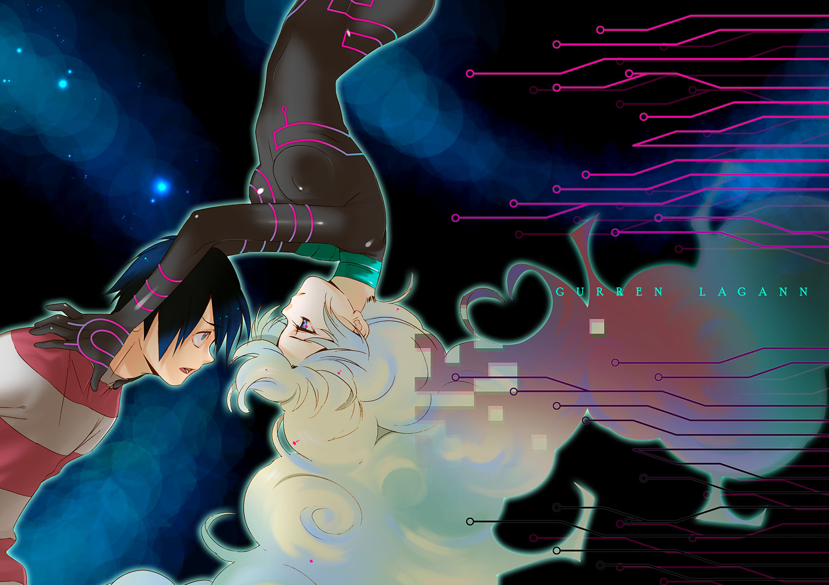 yukimitsuki, antispiral nia, nia teppelin, simon (ttgl), tengen toppa gurren lagann, bad id, bad pixiv id, highres, 00s, 1boy, 1girl, blonde hair, blue eyes, blue hair, bodysuit, breasts, copyright name, couple, dark persona, eye contact, glowing, hetero, long hair, looking at another, multicolored hair, neon trim, open mouth, pixels, shirt, short hair, skin tight, striped clothes, striped shirt, teeth, tongue, upside-down, very long hair