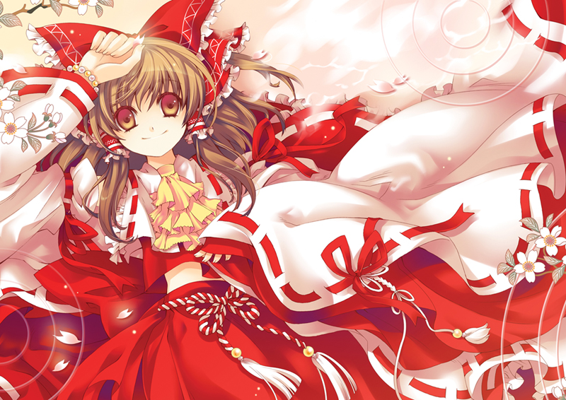 aya003030, hakurei reimu, touhou, bad id, bad pixiv id, 1girl, bow, bracelet, brown eyes, brown hair, detached sleeves, embellished costume, female focus, flower, frills, hair bow, japanese clothes, jewelry, lying, midriff, miko, on back, petals, red eyes, ribbon, short hair, sleeves past wrists, smile, solo, wide sleeves