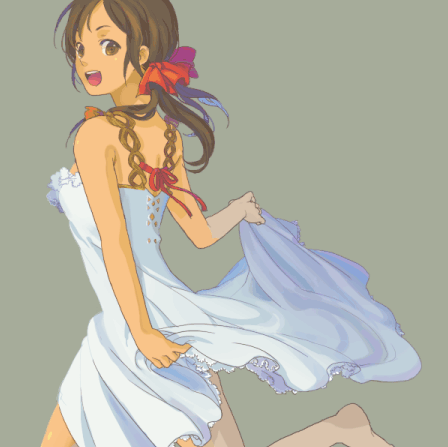 k amatiku, ro dai, seychelles (hetalia), axis powers hetalia, lowres, 00s, 1girl, adapted costume, bare shoulders, barefoot, bow, brown eyes, brown hair, chemise, clothes lift, dark-skinned female, dark skin, dress, female focus, grey background, hair bow, hair ornament, hair ribbon, happy, looking back, open mouth, ponytail, ribbon, running, short hair, short twintails, simple background, skirt, skirt hold, skirt lift, sleeveless, smile, solo, sundress, tan, teeth, twintails