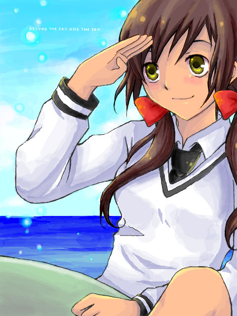 yuzu sk8, seychelles (hetalia), axis powers hetalia, bad id, bad pixiv id, 00s, 1girl, brown hair, day, female focus, hair ribbon, ocean, outdoors, ribbon, salute, school uniform, sky, solo, sweater, tan, twintails