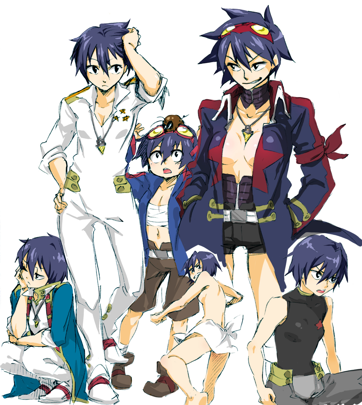 harayan, boota (ttgl), simon (ttgl), tengen toppa gurren lagann, highres, 00s, 1boy, 1girl, black eyes, blue hair, bodysuit, breasts, core drill, drill, genderswap, genderswap (mtf), goggles, goggles on head, large breasts, open clothes, open shirt, sarashi, shirt, short hair, sideboob, squatting, topless female, towel
