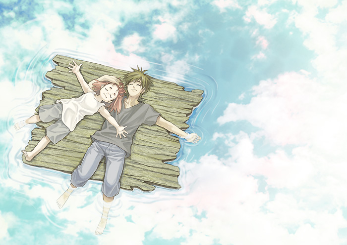 j.2, original, barefoot, child, closed eyes, cloud, raft, reflection, reflective water, sky, smile, water