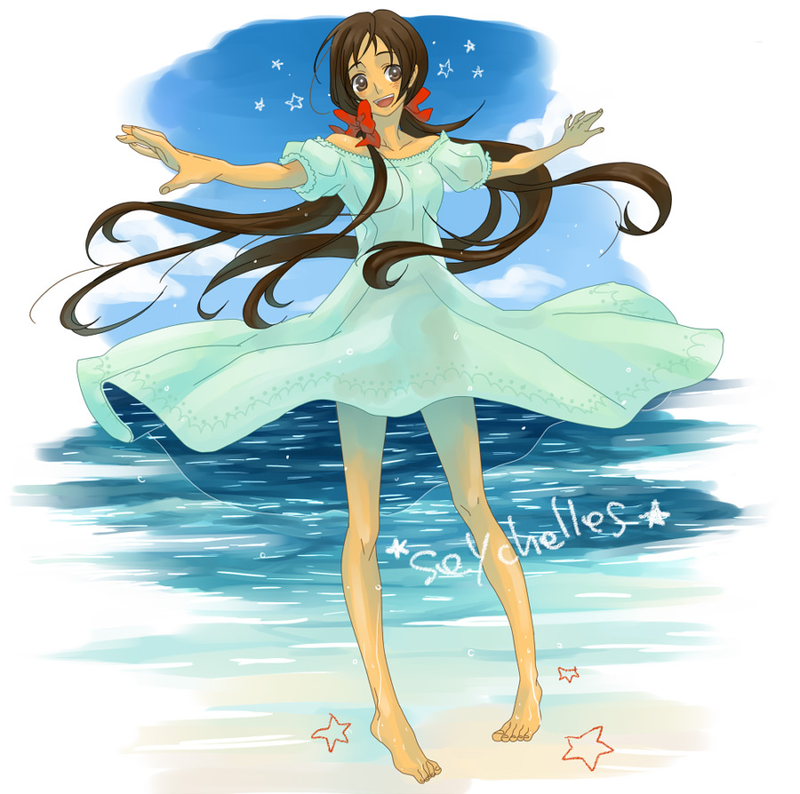 93 (artist), seychelles (hetalia), axis powers hetalia, bad id, bad pixiv id, 00s, 1girl, barefoot, brown eyes, brown hair, day, dress, female focus, hair ribbon, long hair, ocean, outdoors, outstretched arms, ribbon, sky, smile, solo, spread arms, star (sky), star (symbol), starry sky, sundress, tan, twintails, water, wet
