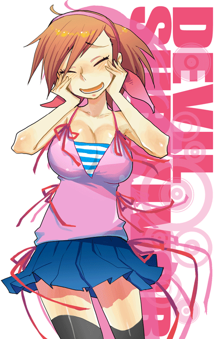 suminohirune, tanigawa yuzu, devil survivor (series), devil survivor 1, striped, 1girl, black thighhighs, blush, camisole, closed eyes, female focus, happy, miniskirt, orange hair, ribbon, skirt, smile, solo, thighhighs, zettai ryouiki