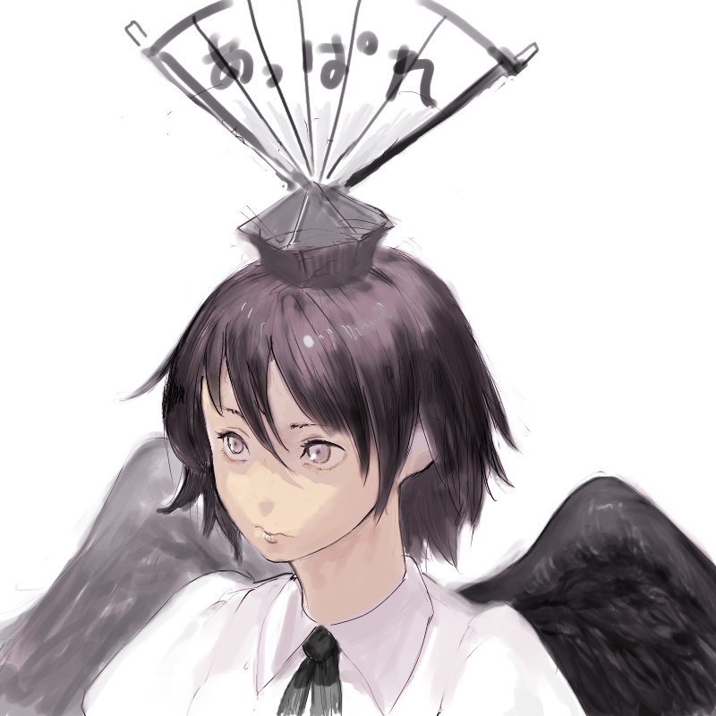 youyou (yoyoyo), shameimaru aya, touhou, looking away, bad id, bad pixiv id, traditional media, translated, 1girl, ascot, black hair, black wings, expressionless, female focus, folding fan, hand fan, hat, lips, short hair, solo, white background, wings