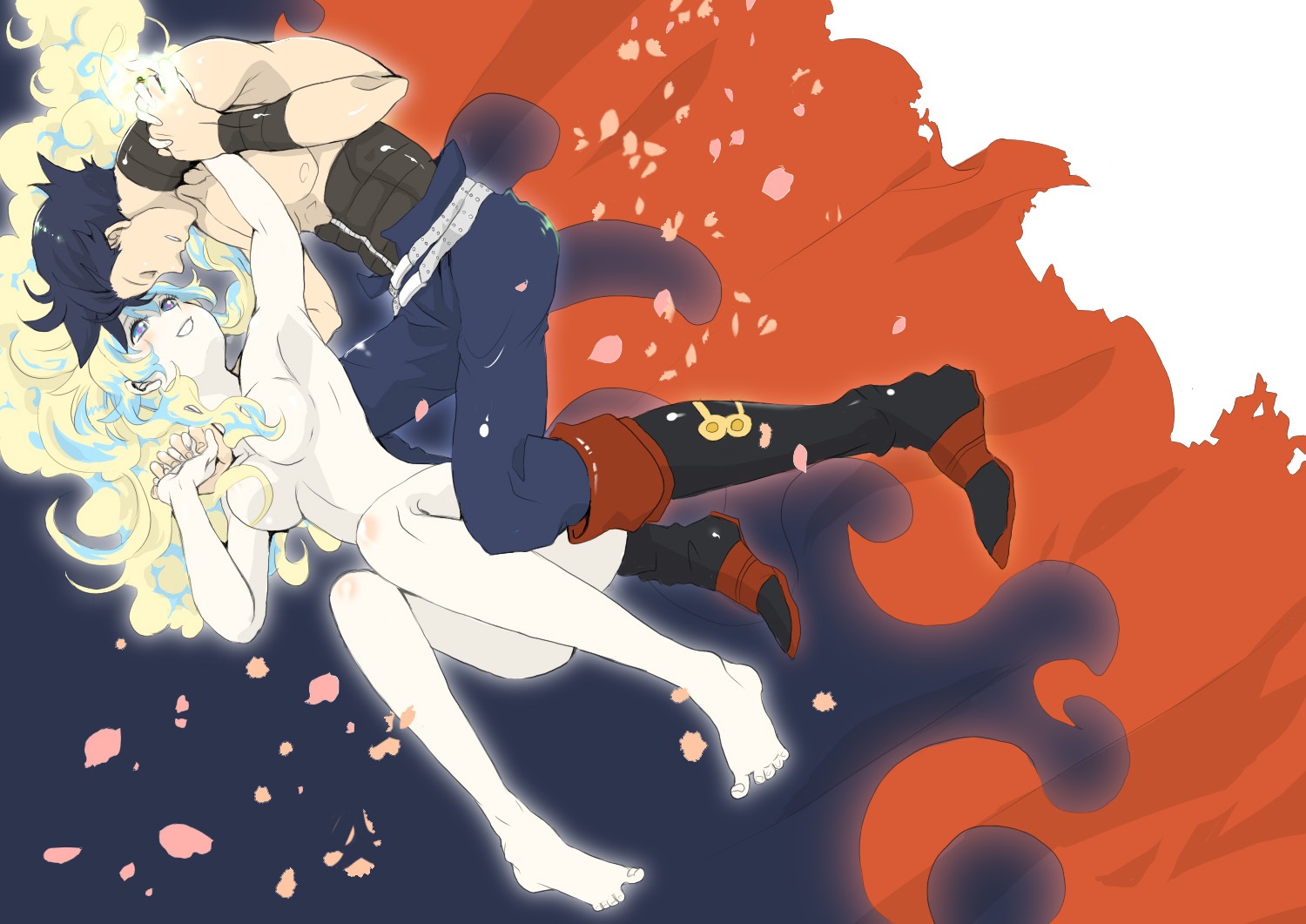 tihori-t, nia teppelin, simon (ttgl), tengen toppa gurren lagann, + +, 00s, 1boy, 1girl, armpits, barefoot, blue hair, boots, breasts, clothed male nude female, coat, couple, cross-shaped pupils, feet, from side, glowing, happy, hetero, holding hands, jewelry, long hair, multicolored hair, nude, pale skin, perky breasts, petals, ring, short hair, smile, symbol-shaped pupils, topless male, trench coat, very long hair