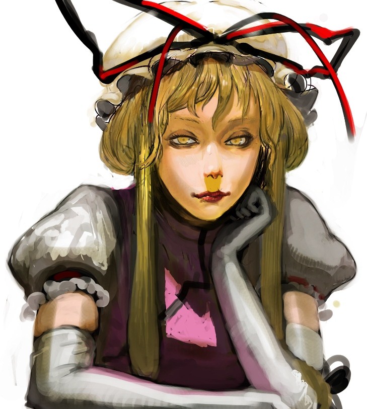 youyou (yoyoyo), yakumo yukari, touhou, bad id, bad pixiv id, 1girl, blonde hair, elbow gloves, female focus, gloves, hat, solo, yellow eyes