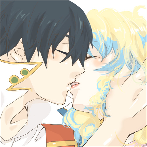tihori-t, nia teppelin, simon (ttgl), tengen toppa gurren lagann, bad id, bad pixiv id, lowres, 00s, 1boy, 1girl, blush, closed eyes, couple, hetero, kiss, lipstick, makeup