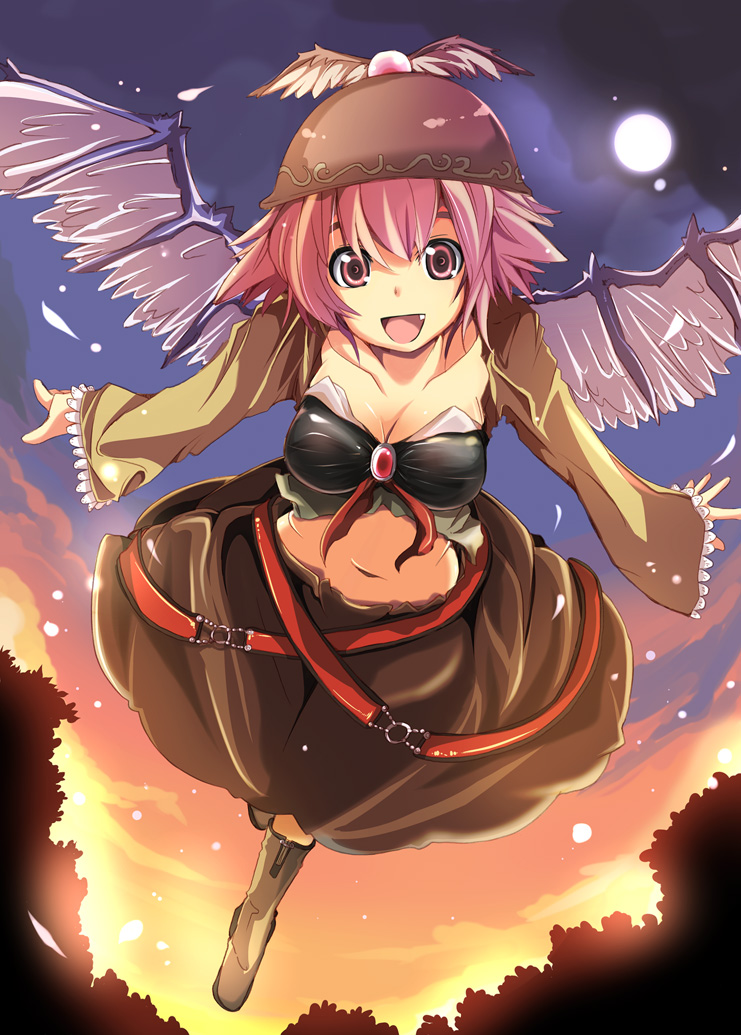 maturiuta sorato, mystia lorelei, advent cirno, touhou, 1girl, :d, alternate costume, boots, breasts, cleavage, fang, female focus, flying, full moon, hat, large breasts, midriff, moon, navel, open mouth, pink eyes, pink hair, short hair, smile, solo, wings