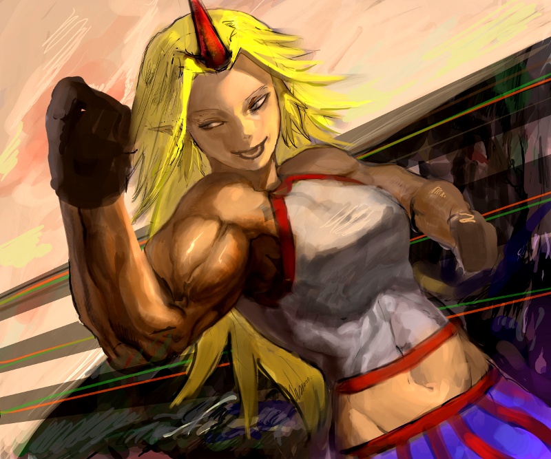 youyou (yoyoyo), hoshiguma yuugi, touhou, bad id, bad pixiv id, 1girl, blonde hair, female focus, horns, long hair, muscular, muscular female, pointy ears, single horn, solo