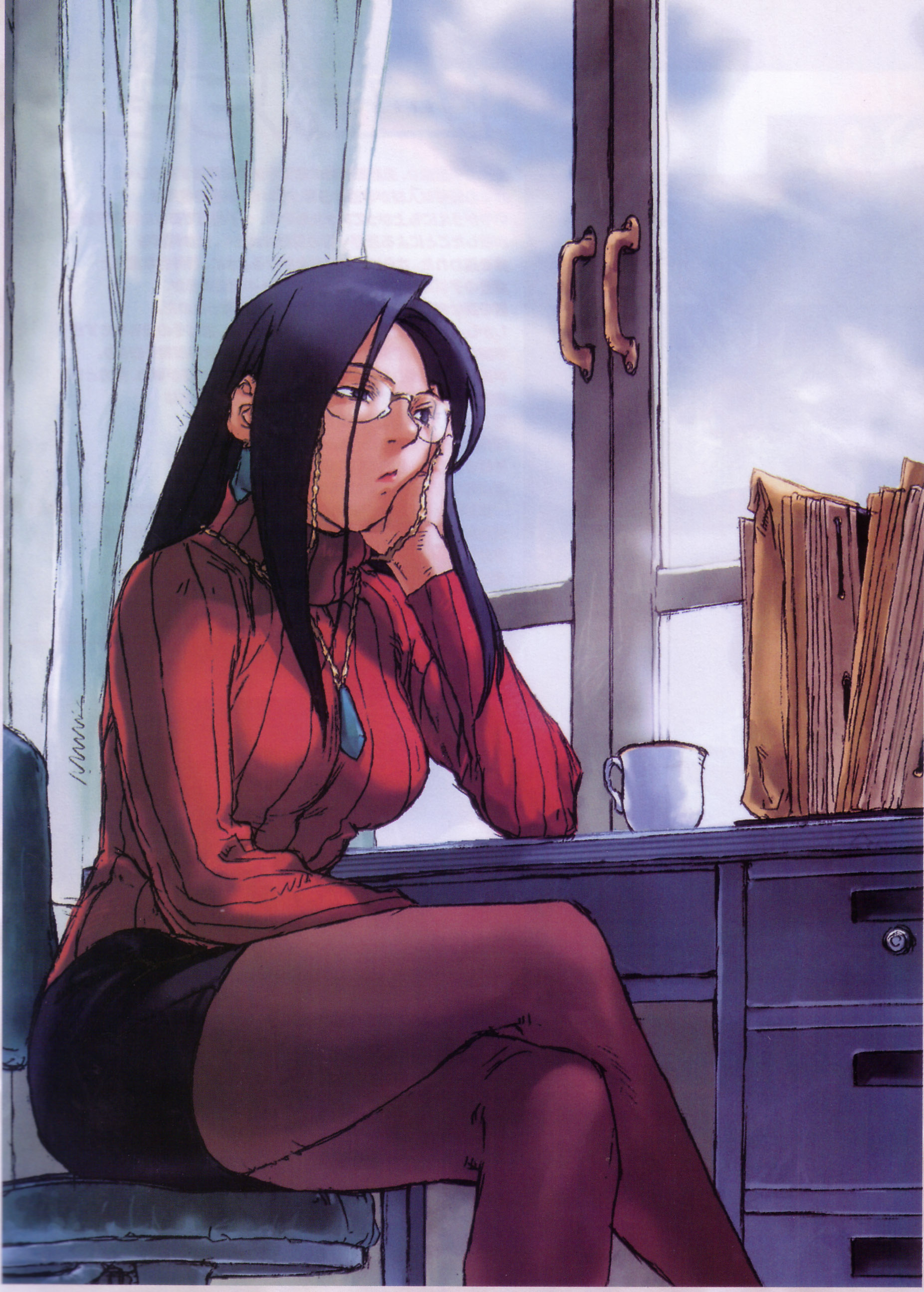 edaki shin'ya, minazuki kyoko, capcom, justice gakuen, shiritsu justice gakuen, absurdres, highres, official art, 1girl, black hair, chair, crossed legs, cup, curtains, desk, female focus, glasses, pantyhose, pencil skirt, ribbed sweater, school nurse, sitting, skirt, solo, sweater, window
