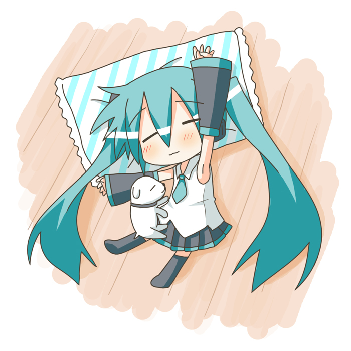 minami (colorful palette), chibi miku, hamo (dog), hatsune miku, vocaloid, :3, = =, armpits, chibi, dog, sleeping, thighhighs, twintails