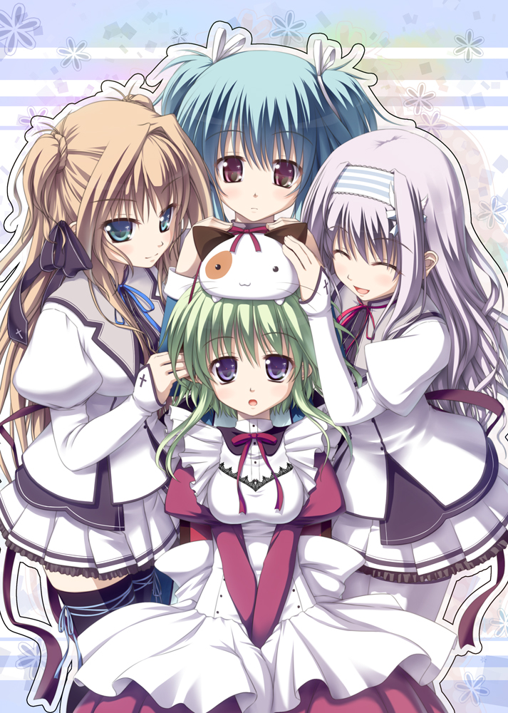 kazami haruki, amaha miu, angelina nanatsu sewell, pan-nya, sena airi, mashiroiro symphony, 4girls, :o, apron, aqua eyes, blue eyes, blue hair, brown hair, cat, closed eyes, green hair, hair ribbon, hairband, leg ribbon, maid, maid apron, multiple girls, pleated skirt, purple eyes, purple hair, ribbon, school uniform, skirt, thigh ribbon, thighhighs, twintails, two side up, zettai ryouiki