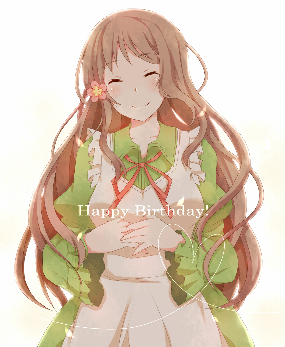 oumiya sakura, sakuranchi yu, sakuranchu, hungary (hetalia), axis powers hetalia, bad id, bad pixiv id, highres, 00s, 1girl, apron, blush, brown hair, closed eyes, female focus, flower, hair flower, hair ornament, long hair, maid, maid apron, ribbon, smile, solo, wavy hair