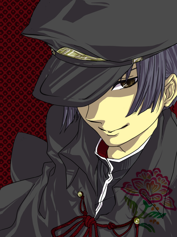 maccha-bu, japan (hetalia), axis powers hetalia, bad id, bad pixiv id, 00s, 1boy, blue hair, brown eyes, cape, flower, flower symbol, hat, japanese clothes, macchau00e2u02dcu2020, male focus, military, military uniform, peaked cap, short hair, solo