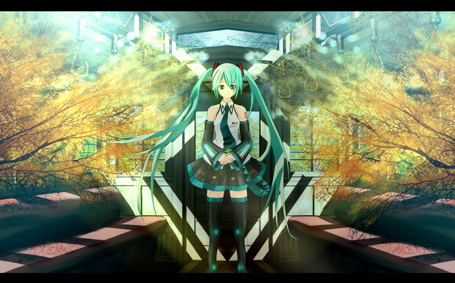 eto, hatsune miku, vocaloid, bad id, bad pixiv id, 1girl, aqua eyes, aqua hair, clover, detached sleeves, female focus, four-leaf clover, letterboxed, long hair, necktie, skirt, smile, solo, thighhighs, twintails, zettai ryouiki