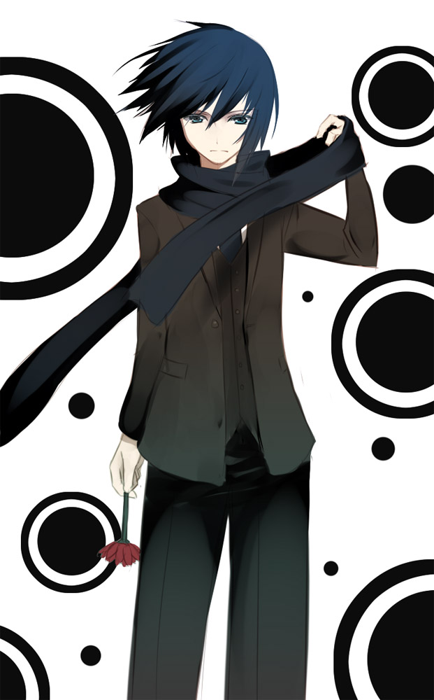 kakaon, kaito (vocaloid), saihate (vocaloid), vocaloid, bad id, bad pixiv id, 1boy, black scarf, blue eyes, blue hair, flower, formal clothes, male focus, matching hair/eyes, necktie, scarf, solo, suit