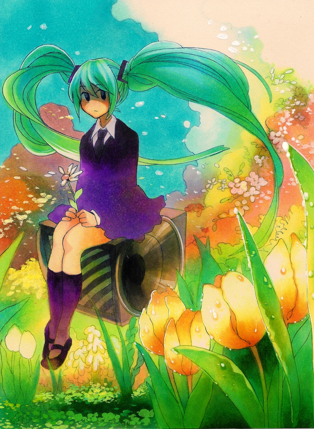 ka-t, ka-t (artist), hatsune miku, hatsune miku (saihate), saihate (vocaloid), vocaloid, bad id, bad pixiv id, highres, 1girl, daisy (flower), female focus, flower, formal clothes, green hair, long hair, necktie, sitting, skirt, skirt suit, socks, solo, suit, twintails, very long hair