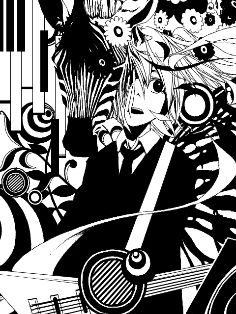 zuinou, hatsune miku, hatsune miku (saihate), saihate (vocaloid), vocaloid, bad id, bad pixiv id, 1girl, female focus, flower, formal clothes, greyscale, guitar, instrument, long hair, monochrome, necktie, skirt, skirt suit, solo, suit, twintails, zebra