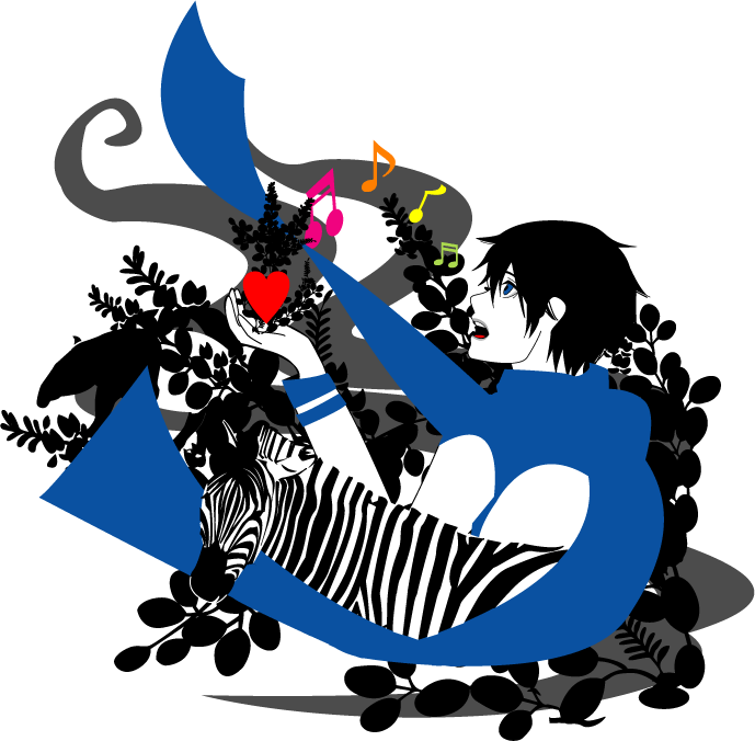 sinorou, kaito (vocaloid), saihate (vocaloid), vocaloid, 1boy, black hair, blue eyes, blue scarf, heart, male focus, musical note, open mouth, scarf, solo, transparent background, zebra