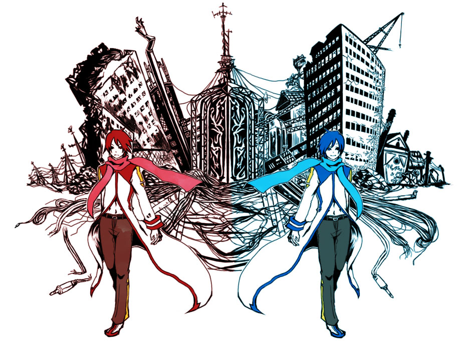 chao (kozutya), akaito, kaito (vocaloid), saihate (vocaloid), vocaloid, bad id, bad pixiv id, 2boys, blue eyes, blue hair, blue scarf, male focus, multiple boys, red eyes, red hair, red scarf, ruins, scarf, smile