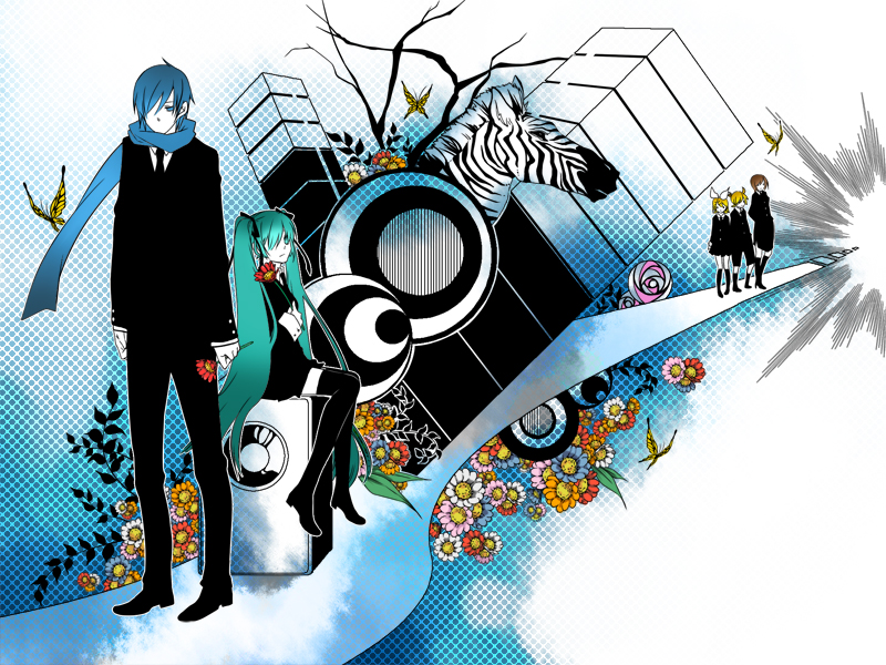 takatori akira, hatsune miku, hatsune miku (saihate), kagamine len, kagamine rin, kaito (vocaloid), meiko (vocaloid), saihate (vocaloid), vocaloid, bad id, bad pixiv id, 2boys, 3girls, aqua eyes, aqua hair, blonde hair, blue eyes, blue hair, blue scarf, brown hair, bug, butterfly, daisy (flower), flower, formal clothes, hair over one eye, hair ribbon, holding, holding flower, insect, long hair, multiple boys, multiple girls, necktie, ribbon, scarf, short hair, sitting, suit, thighhighs, twintails, zebra, zettai ryouiki