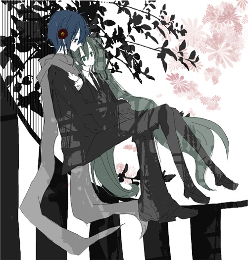 yoshiki, hatsune miku, hatsune miku (saihate), kaito (vocaloid), saihate (vocaloid), vocaloid, bad id, bad pixiv id, 1boy, 1girl, blue eyes, blue hair, formal clothes, green eyes, green hair, headphones, long hair, necktie, scarf, short hair, sitting, skirt, skirt suit, suit, twintails